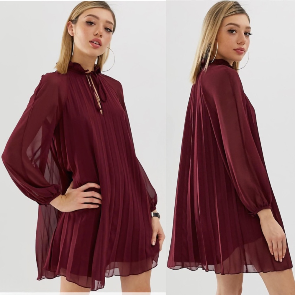 ASOS Red Chiffon Pleated Trapeze Dress w. Ruffle Neckline & Tie - Size 10